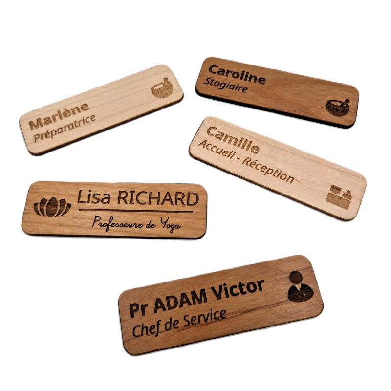 Badge nominatif Bois - personnalisation par gravure laser