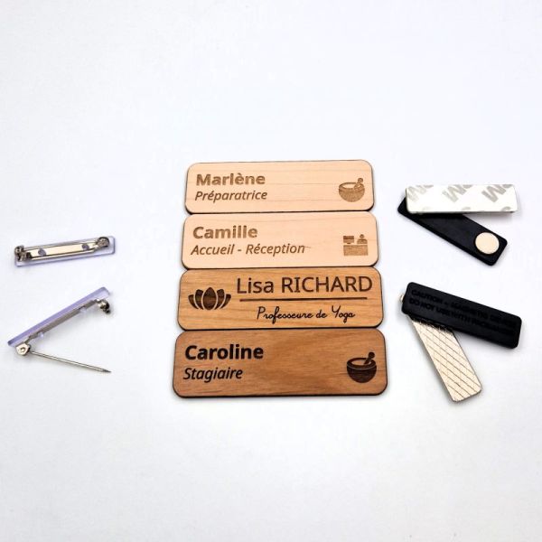Badge nominatif Bois - personnalisation par gravure laser